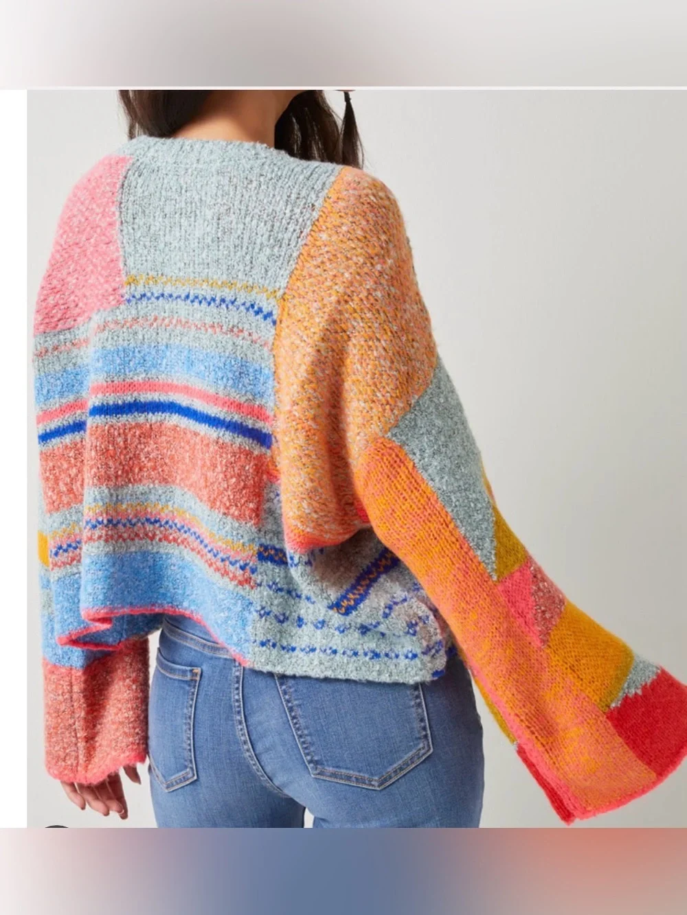Moon & Madison Colorful Playful Patchwork Oversized Knit Sweater Cozy Boho Funky - Picture 3 of 10